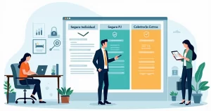 Profissionais autônomos e PJ comparando tipos de seguro de vida em escritório moderno