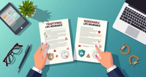 Profissional vendo contrato de seguro de vida resgatável cheio de armadilhas financeiras ocultas