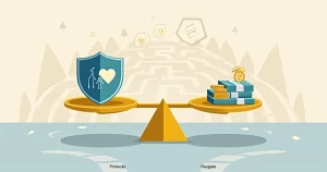 Ilustração mostrando balanço entre proteção de seguro de vida e dinheiro para resgate
