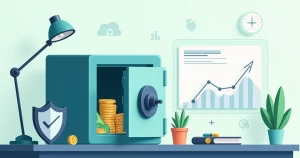 Cofre aberto mostrando dinheiro ao lado de escudo representando proteção financeira