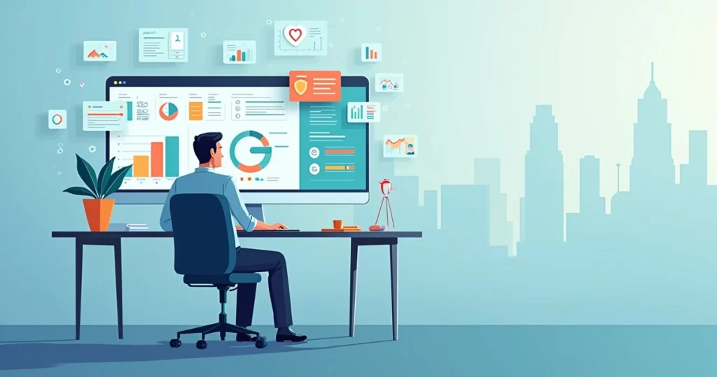 Profissional analisando simulação de seguro de vida em painel digital