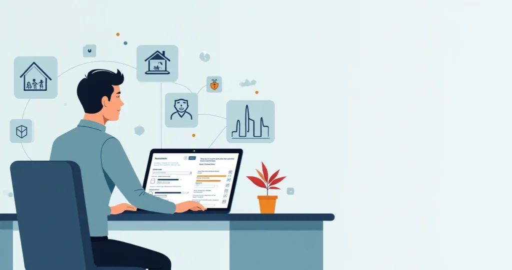 Profissional fazendo simulação de seguro de vida em notebook com gráficos e opções de cobertura