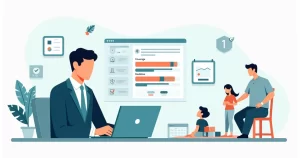 Profissional de alta renda simulando seguro de vida em laptop com família ao fundo