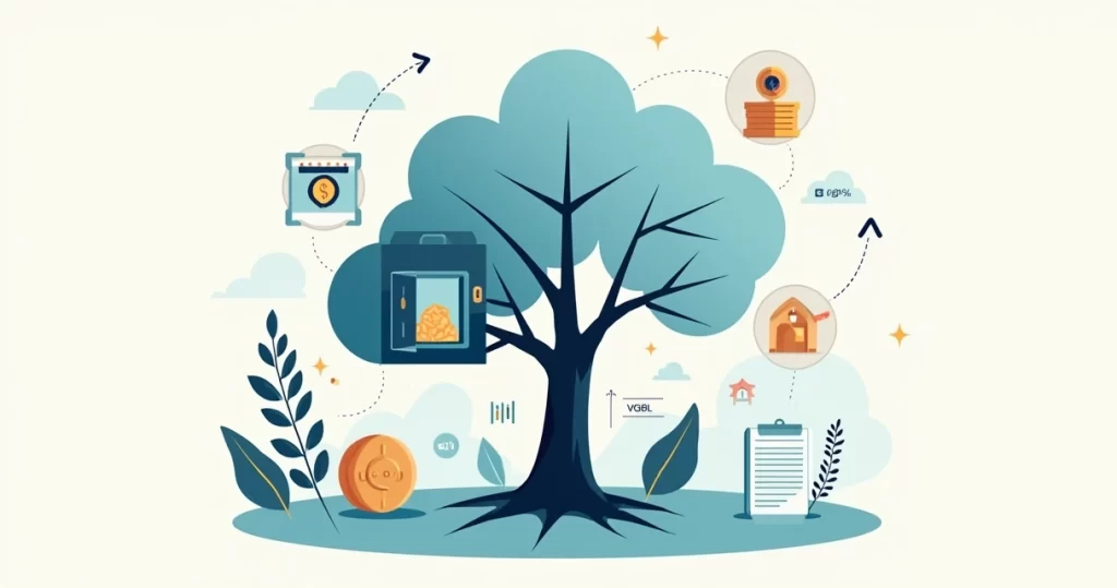 Ilustração de cofre em formato de árvore dividida entre proteção financeira e sucessão patrimonial