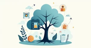 Ilustração de cofre em formato de árvore dividida entre proteção financeira e sucessão patrimonial