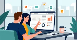 Profissional de alta renda analisando seguro de vida em plataforma digital em mesa de escritório moderna