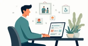 Profissional simulando seguro de vida em notebook com família ao fundo