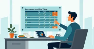 Profissional analisando tabela de invalidez com ícones de partes do corpo e valores de cobertura